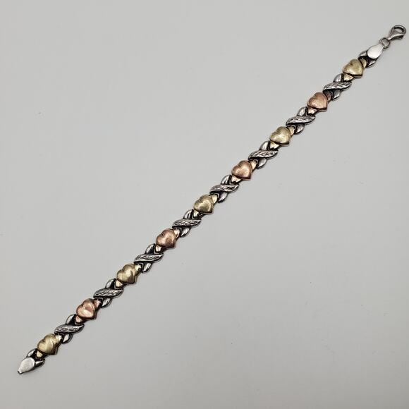 925 Sterling Silver Turkey Vermeil 10K Gold Hugs & Kisses Linked Bracelet 7.25 - Picture 3 of 8